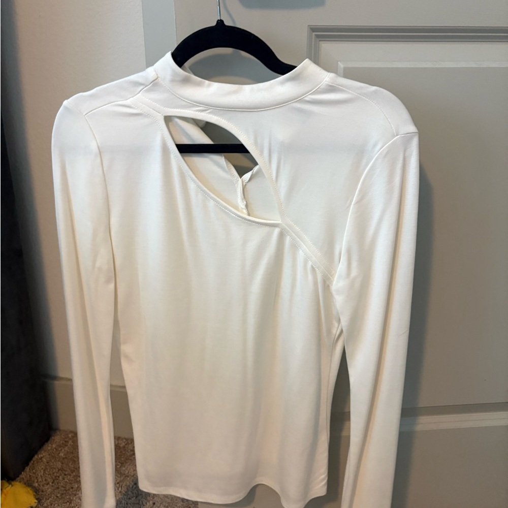 Halogen White Long-Sleeve Mock Neck Top with Chest Cutout